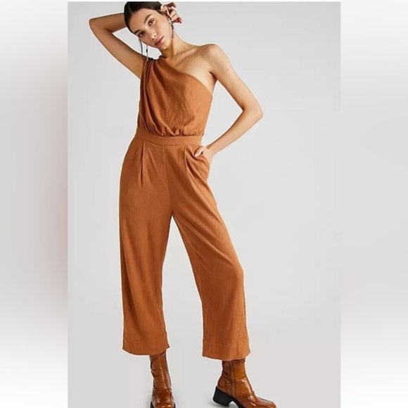 Free People Avery Jumpsuit One Shoulder Wide Leg Pocket Zip Size 4 NWOT - Picture 1 of 9